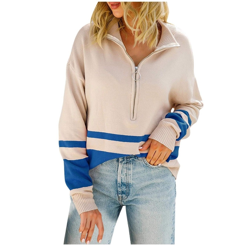 Colorblock Lapel Half Zip Collar Long Sleeve Knit Pullover‎ Sweater Size L Cozy